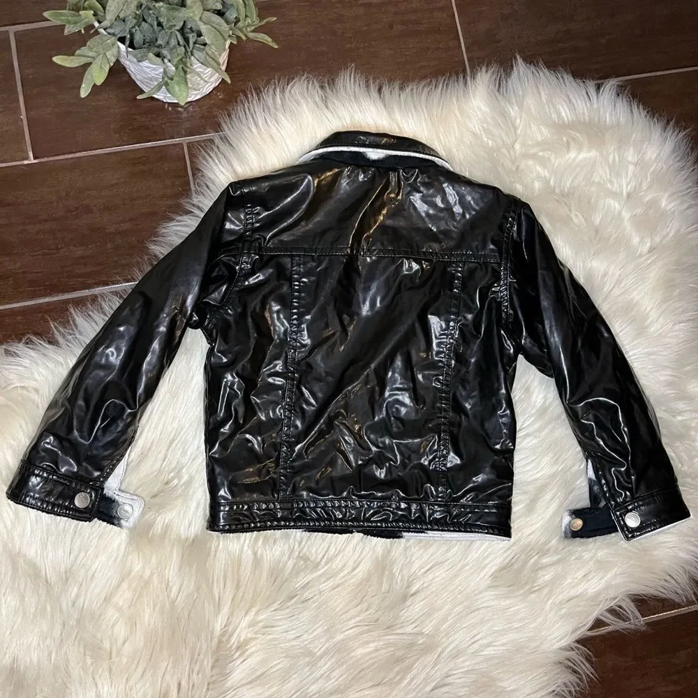Barbie faux black leather/cow print biker reversible jacket sz5